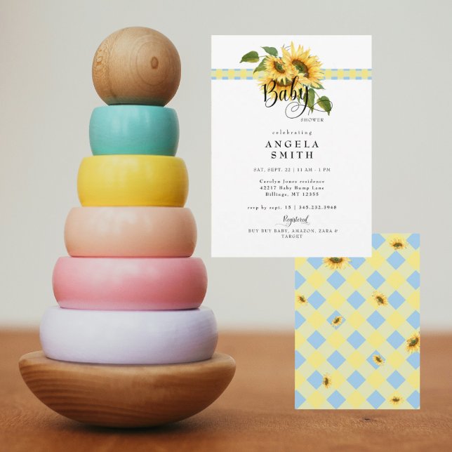 Söt gul blå Gingham solros baby shower Inbjudningar (Skapare uppladdad)