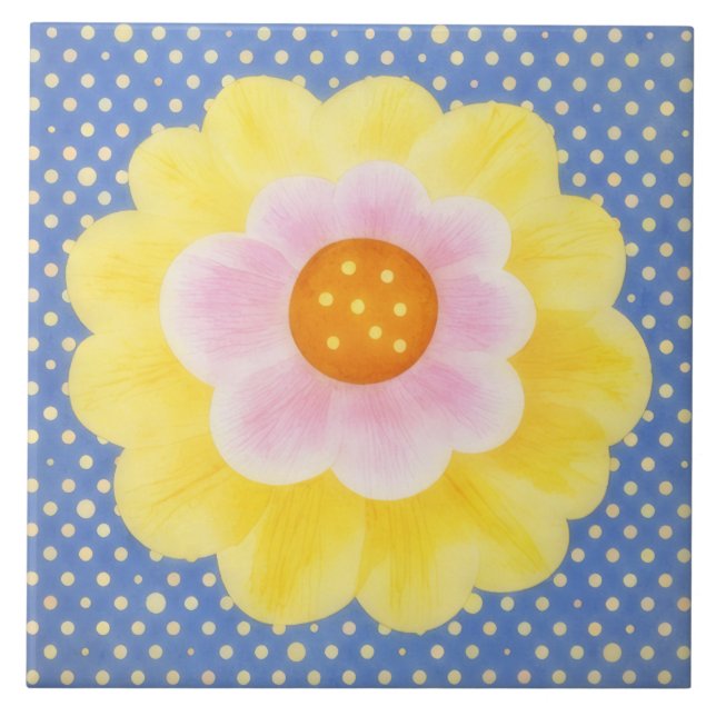 Söt gul blomma på blå dekorativ kakel (Framsidan)