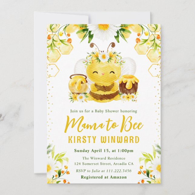 Söt gul blomsterhonungsbi baby shower inbjudningar (Framsida)