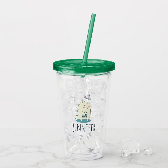 Söt gul dino med glada stjärnor take away mugg (Baksida Ice)