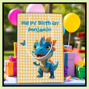 Söt gul gingham blå dinosaurie pojke födelsedag