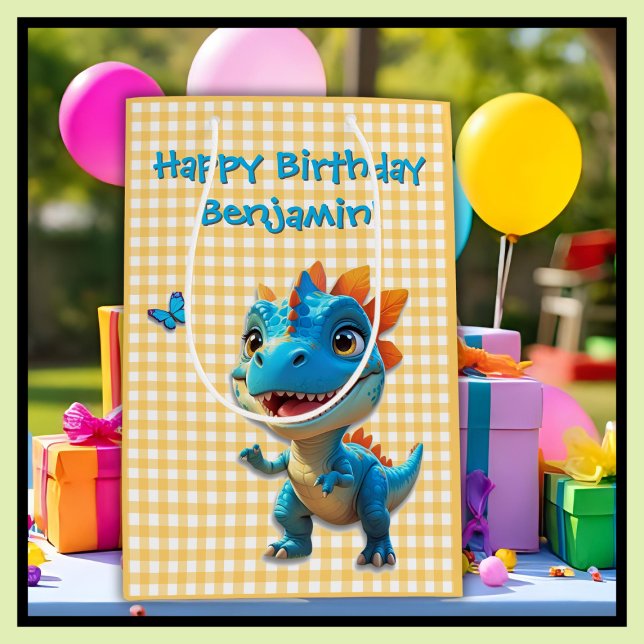 Söt gul gingham blå dinosaurie pojke födelsedag (Skapare uppladdad)