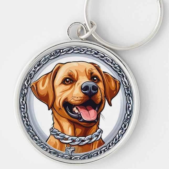 Söt gul labrador rund silverfärgad nyckelring (Framsidan)
