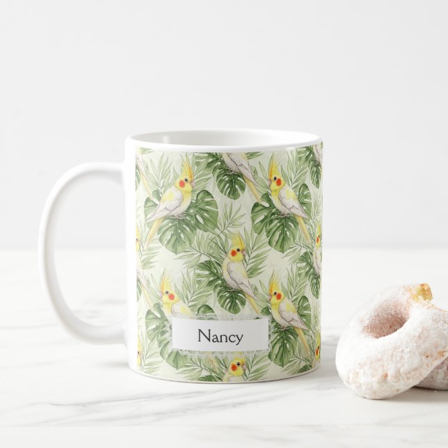 Söt gul och vit cockatiel sällskapsfågel specialde kaffemugg (Med munk)
