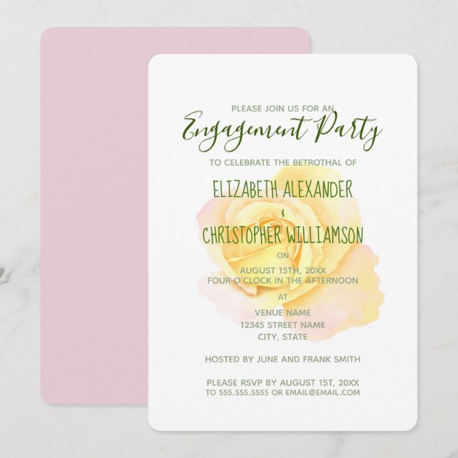 Söt Gul ros Förlovningsfest Inbjudningar (Fram/baksida)