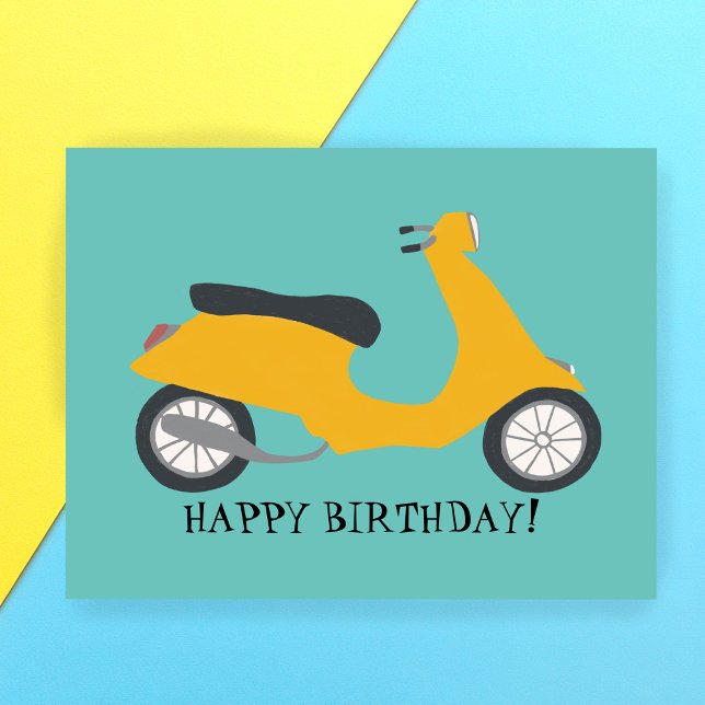 Söt gul scooter GLAD FÖDELSEDAG SPECIALTILLVERKAD Vykort (Cute Yellow Scooter HAPPY BIRTHDAY CUSTOM Postcard
)