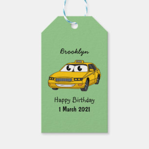 Söt gul taxi rolig serieillustration presentetikett