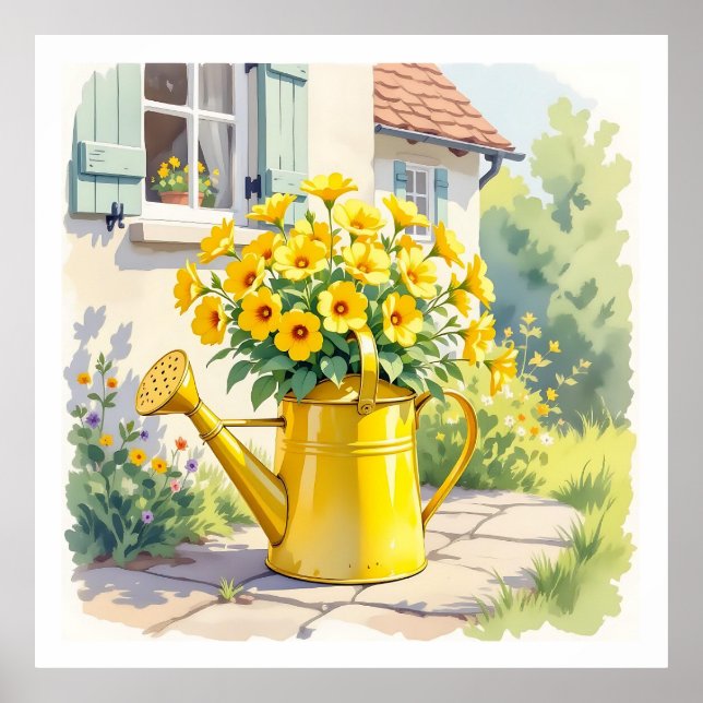 Söt Gula blommor i Watering Can Poster (Framsidan)