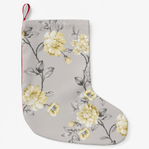Söt gula blommor med grått löv mönster på gr liten julstrumpa