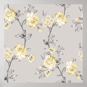 Söt gula blommor med grått löv mönster på gr poster