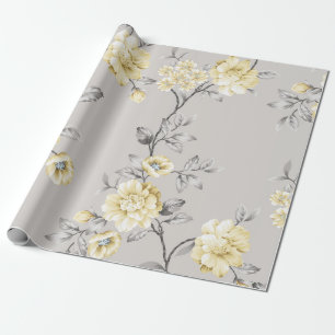 Söt gula blommor med grått löv mönster på gr presentpapper