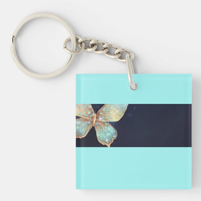 Söt Guld & Aqua Butterfly Acrylic Keychain (Framsidan)