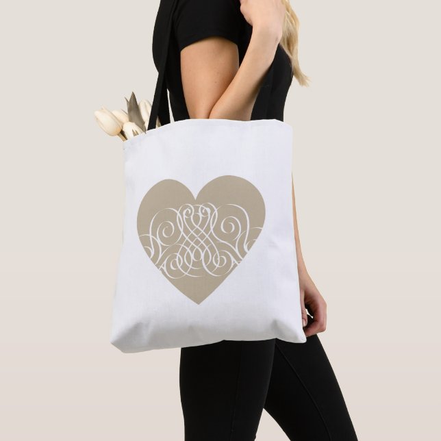 Söt Guld / Beige Heart med vit filigree Tygkasse (Närbild)