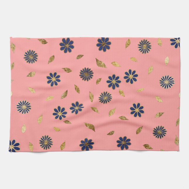 Söt Guld Blå Rosa Blommor och Löv Kökshandduk (Horisontell)