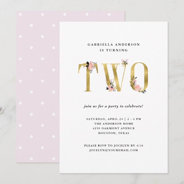 Söt Guld Blommigt Text| Andra Födelsedagsfesten Inbjudningar (Fram/baksida)