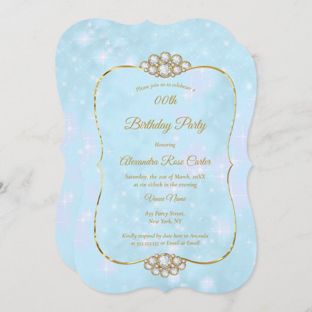 Söt Guld Blue Diamond Födelsedagsfest Inbjudningar (Fram/baksida)