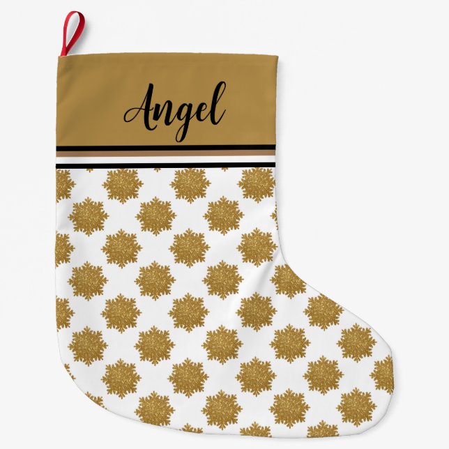 Söt Guld Faux Glitter Snowflake-eget namn Stor Julstrumpa (Framsidan)