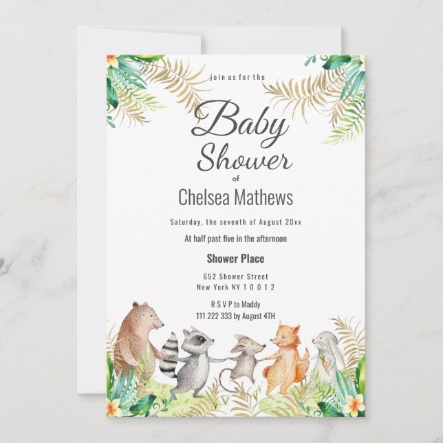 Söt Guld Grön Brun Blommig Djur Bebis Shower Inomh Inbjudningar (Framsida)