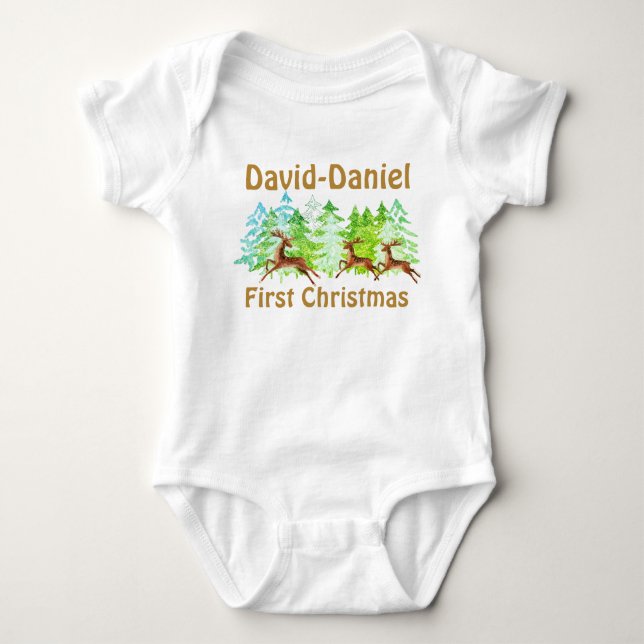 Söt Guld Gröna Träd Hjortar Bebis Första Jul T Shirt (Framsida)