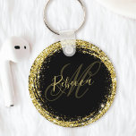 Söt Guld Monogram Namn Black Glam Nyckelring<br><div class="desc">Anpassa enkelt den lyxglam som ramade upp nyckelkedjan guld glitter med ditt eget namn och monogram.</div>