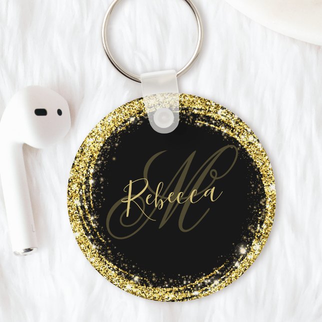 Söt Guld Monogram Namn Black Glam Nyckelring (Skapare uppladdad)