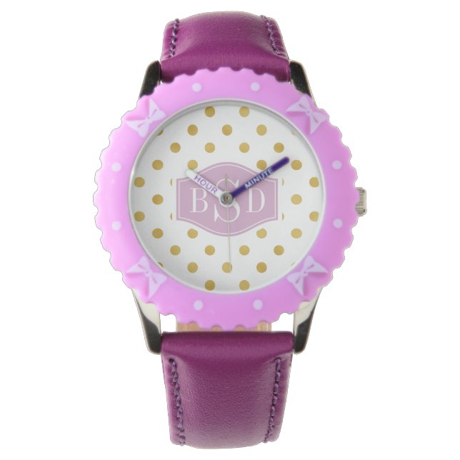 Söt guld och vit polka dots mönster monogram armbandsur (Framsida)
