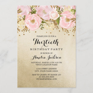 Söt Guld Rosa Blommigt 30års födelsedag Inbjudningar