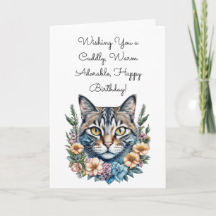 Söt Gullig Katt i Vattenfärg Blommor Födelsedag Kort