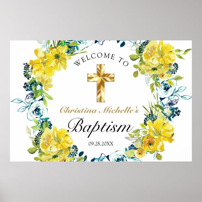 Söt Gult Blommigt Guld Kor Baptism Välkomstorm Poster (Framsidan)