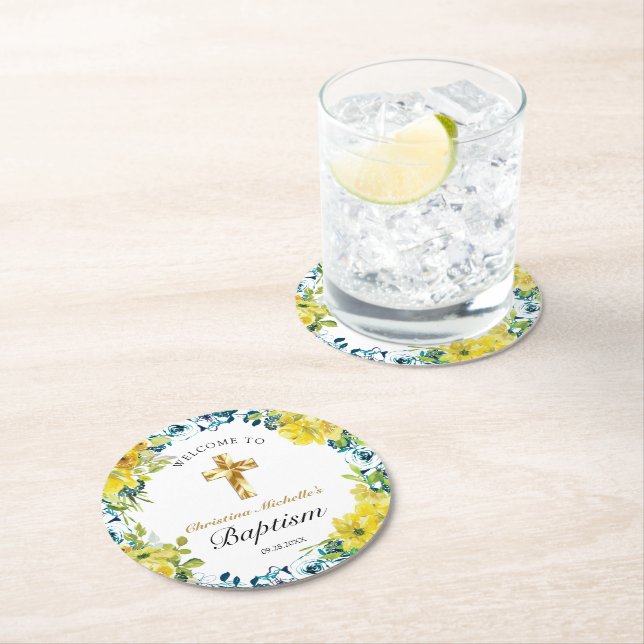 Söt Gult Blommigt Guld Kor Baptism Välkomstorm Underlägg Papper Rund (Insitu)