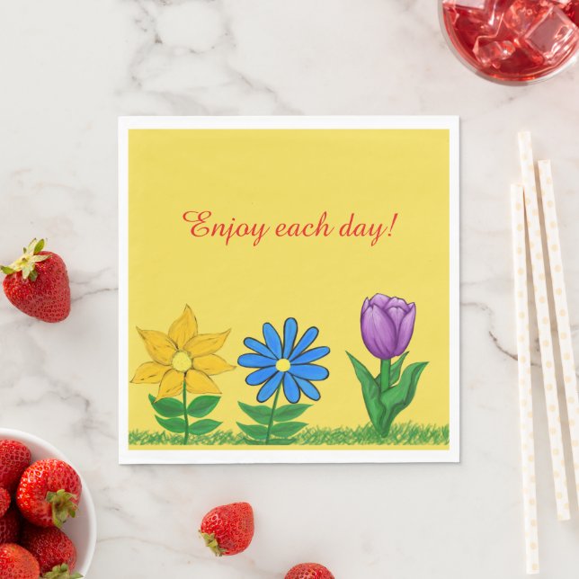 Söt Gult Blue Lila blommor Gult Napkins Pappersservett (Insitu)