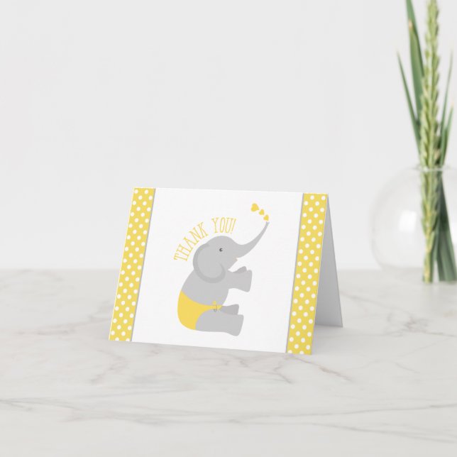 Söt Gult Grått Elephant Baby Shower Tack Kort (Framsida)