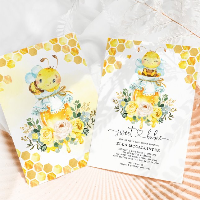 Söt Gult Guld Honungsbin Blommigt Babyskåda Inbjudningar (Skapare uppladdad)