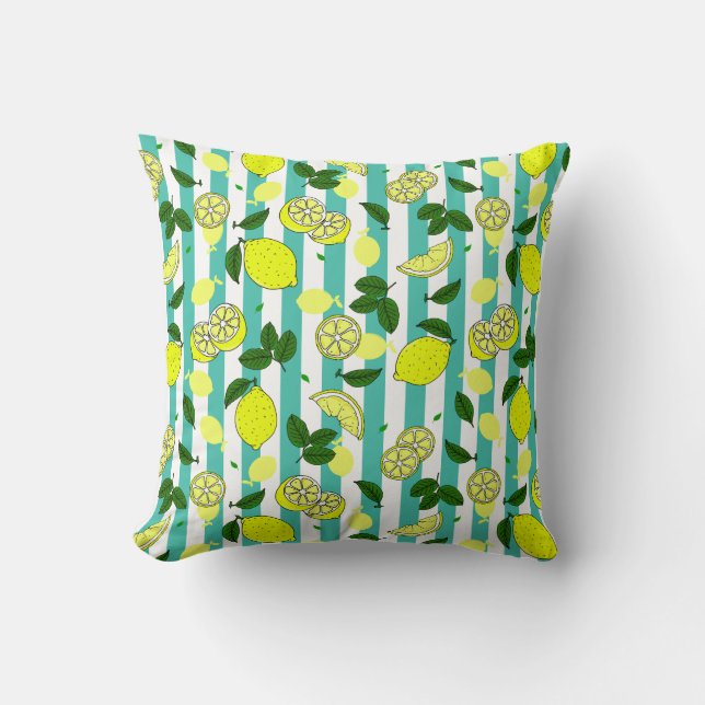 Söt Gult Lemons på Teal Blue Rand Mönster Kudde (Framsida)