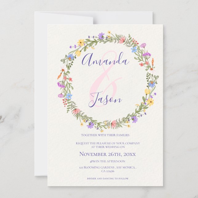 Söt Gult Lila Wildblommor WAN Bröllop Magnetisk Inbjudningskort (Framsida)