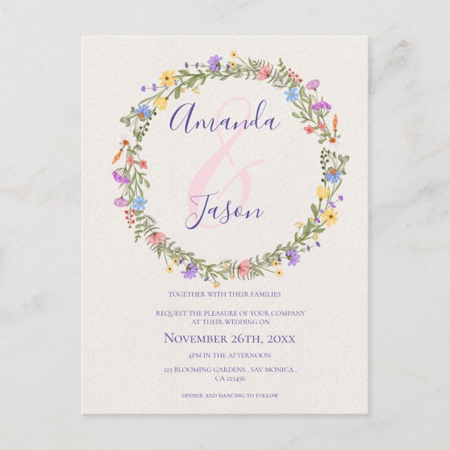 Söt Gult Lila Wildblommor WAN Bröllop Vykort (Framsida)