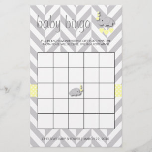 Söt Gult och Grått Elephant Baby Shower Bingo Brevpapper