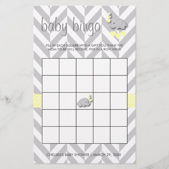 Söt Gult och Grått Elephant Baby Shower Bingo Brevpapper (Framsida)