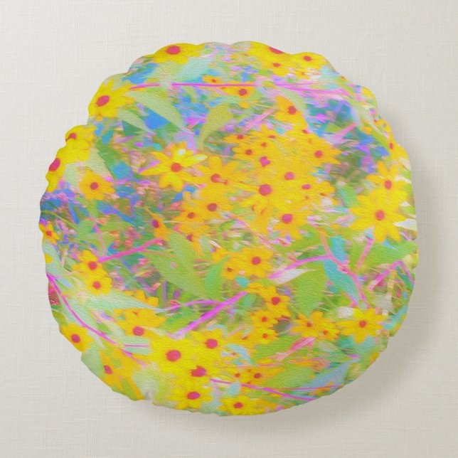 Söt Gult och Röda blommor med turkos Rund Kudde (Framsidan)