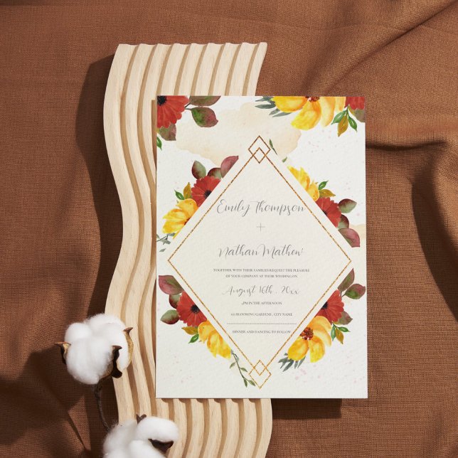 Söt Gult Red Rustic Watercolor Blommigt Bröllop (Pretty Yellow Red Rustic Watercolor Floral Wedding Invitation)