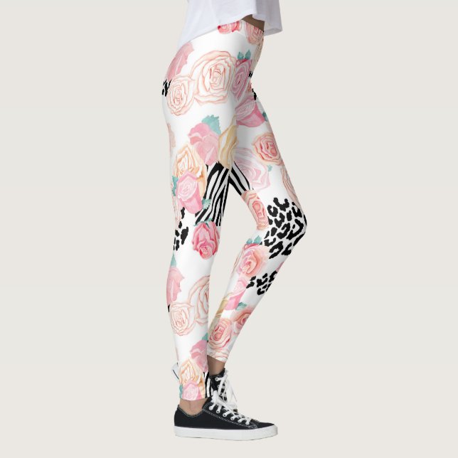 Söt Gult Rosa Blommigt Djurutskrift Valentine Leggings (Höger)