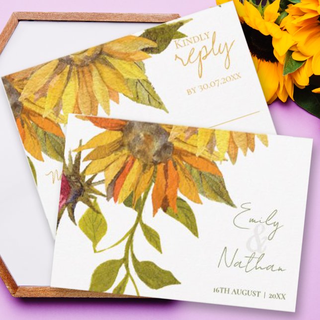 Söt Gult Solros Blommigt Bröllop OSA Kort (Beautiful Pretty Yellow Sunflower Floral Wedding RSVP Card)