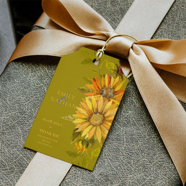 Söt Gult Solros Elegant Blommigt Bröllop Presentetikett (Pretty Yellow Sunflower Elegant Floral Wedding Gift Tags)