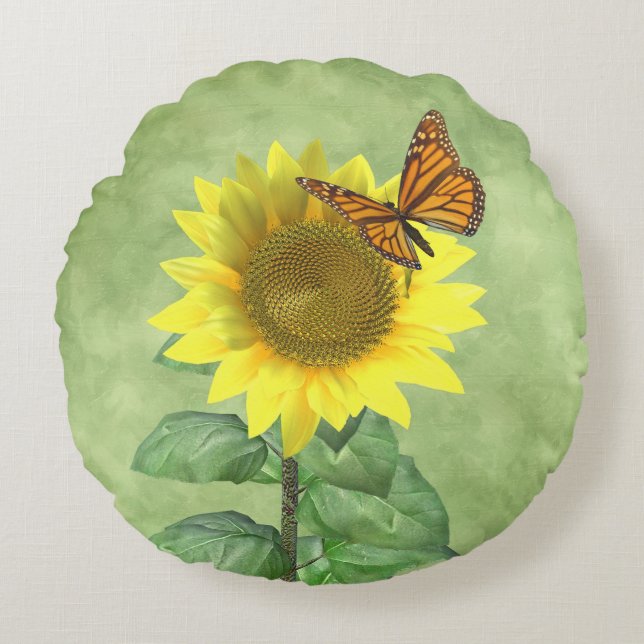 Söt Gult Solros och Orange Butterfly Rund Kudde (Framsidan)