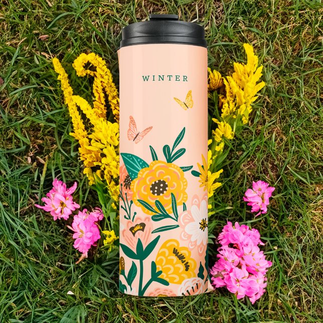 Söt Gult Solros Wildblommor & Butterflies (Pretty Yellow Sunflower Wildflowers & Butterflies Thermal Tumbler)