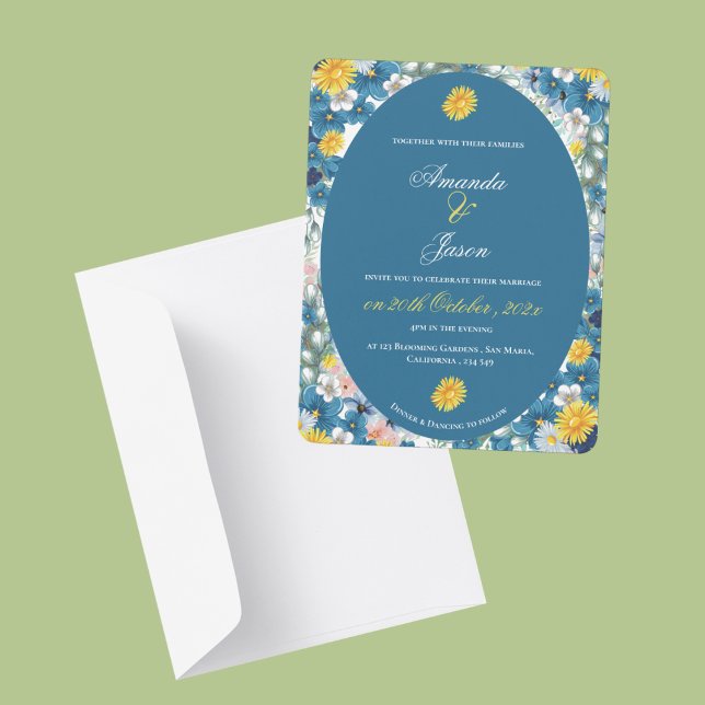 Söt Gult Solrosvit Blå Blommigten Bröllop Inbjudningar (Pretty Yellow Sunflower White Blue Floral Wedding Invitation)