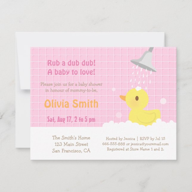 Söt gummi Ducky Rosa Baby Shower-inbjudningar Inbjudningar (Framsida)
