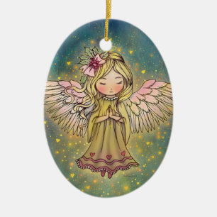 Söt gyllene ängel Whimsical Art av Molly Harrison Julgransprydnad Keramik