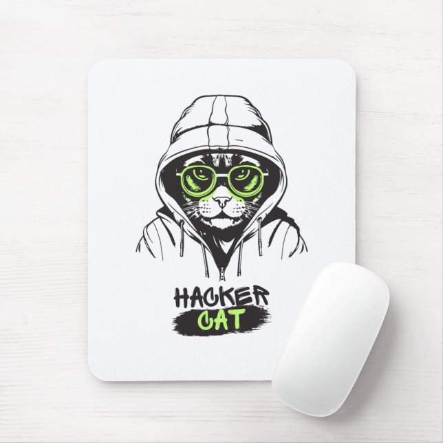 Söt Hackare Katt Illustration – Cybersäkerhetspres Musmatta (Med mus)