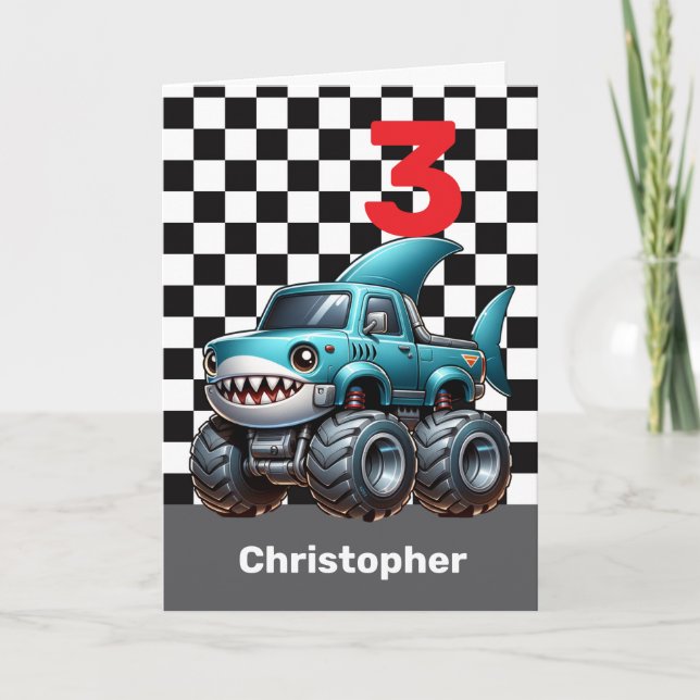 Söt haj monstertruck 3-årsdag kort (Framsida)